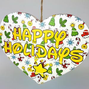 Decoratiune lemn Inima Happy Holidays personalizata prin transfer termic